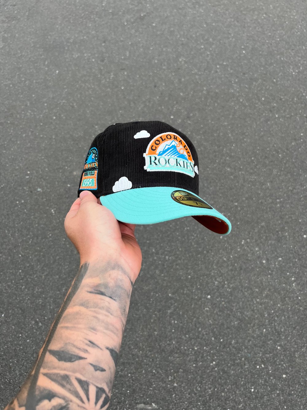 Image of  RUST BRIM CORDUROY CROWN  PARTLY CLOUDY COLORADO ROCKIES CUSTOM FITTED CAP