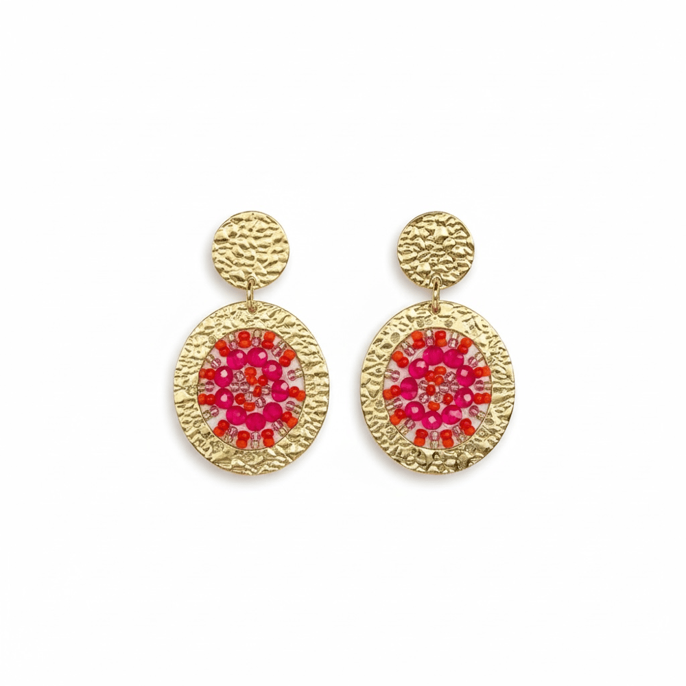Image of Coral Pink Beaded Disc Drop Earrings