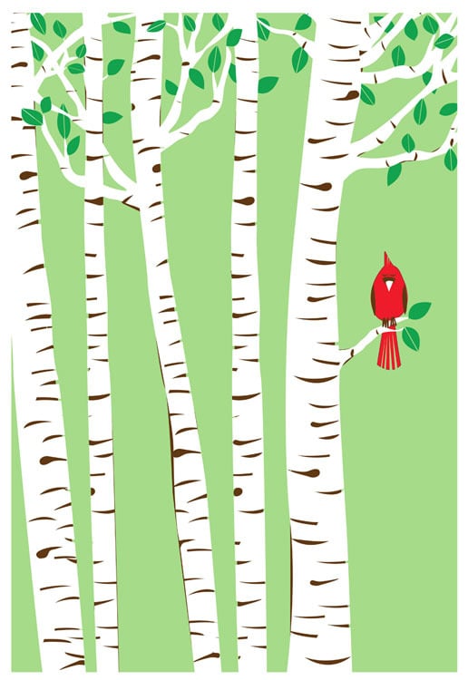 Strawberryluna — Spring Cardinal Silkscreen Birch Trees Art Print