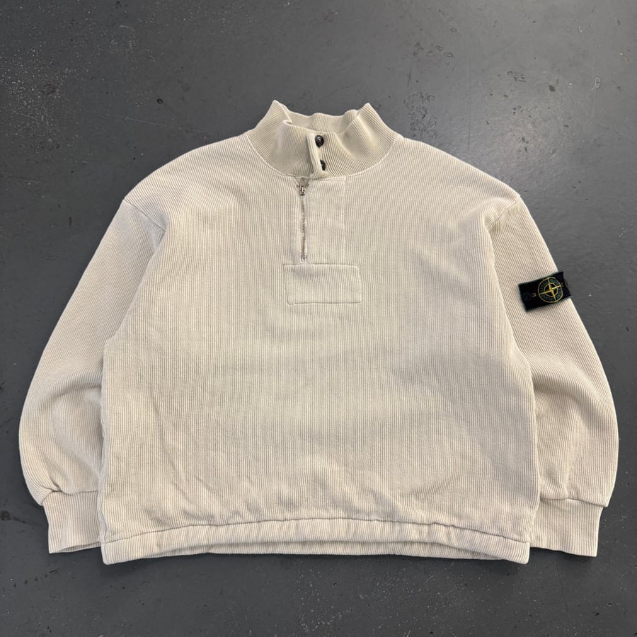 Image of 1984 Stone Island heavyweight ribbed 1/4 zip up sweatshirt, size large 