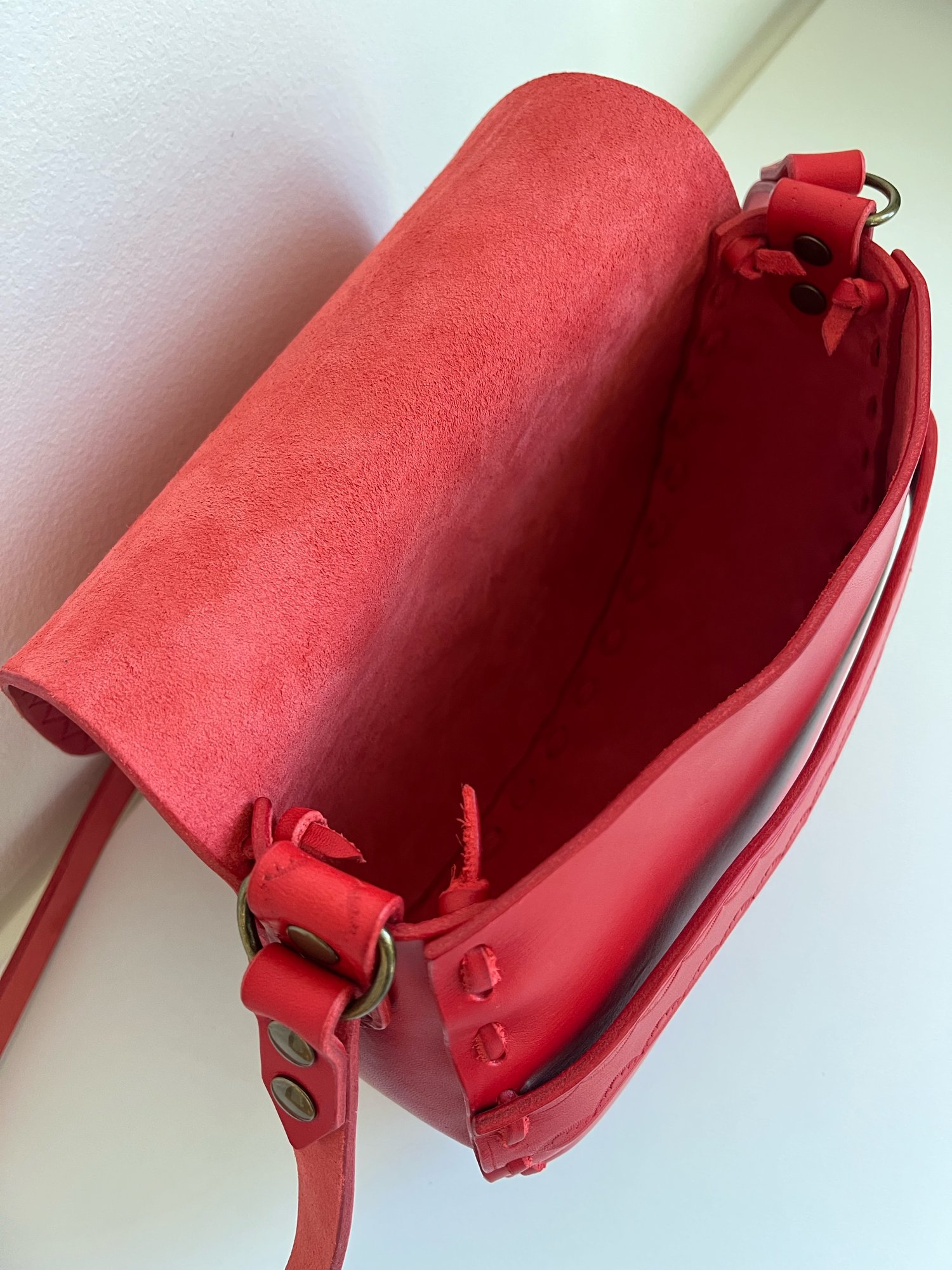 Image of Candy Apple Red Vachetta Crossbody Saddle Bag