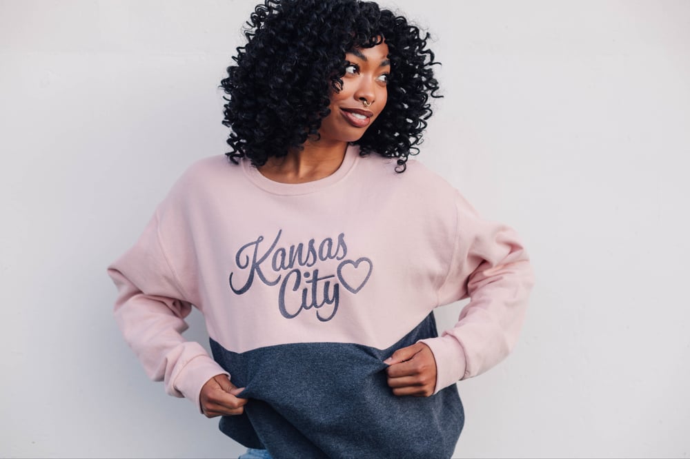 Image of LOVE, KANSAS CITY BLUSH/CHARCOAL COLORBLOCK CREWNECK 