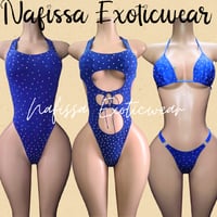 Image 1 of Crystal Royal Blue Bodysuit and Thong Set
