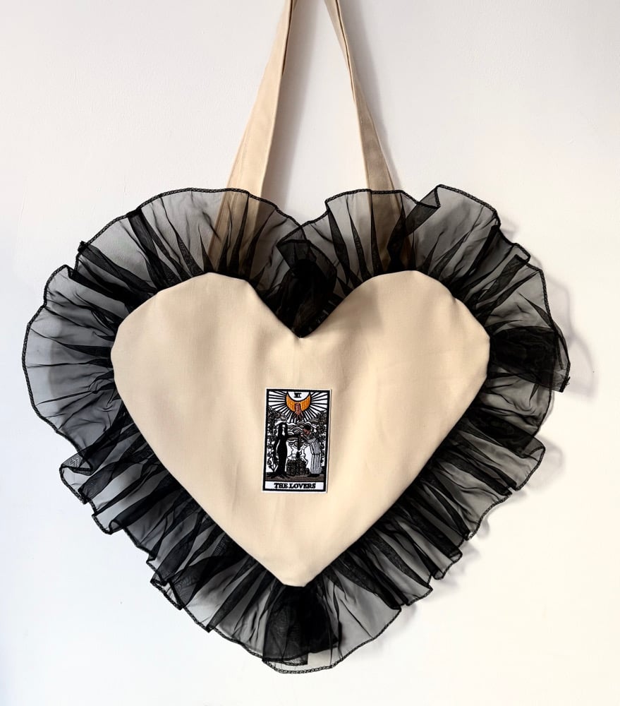 Image of 🤍 Lovers Tarot Heart Tote – Cream & Black Ruffle  Bag 