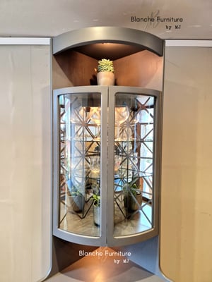 Image of Nathan Corner Drinks Cabinet unit with light in grey - with geometric styled mirrors
