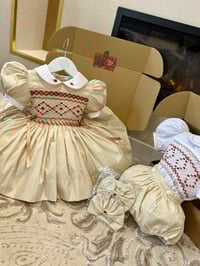 Image 2 of Cream and red smocked dress 