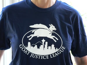 Image of Goat Justice League T-shirt, Navy Blue and Light Blue