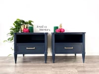 Image 1 of Vintage Stag Chateau Bedside Tables / Bedside Cabinets painted in navy blue.