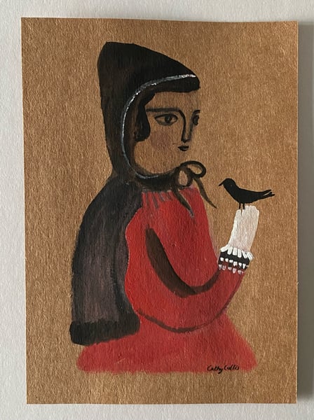 Image of 23. Original work on brown paper - figure in cape with bird