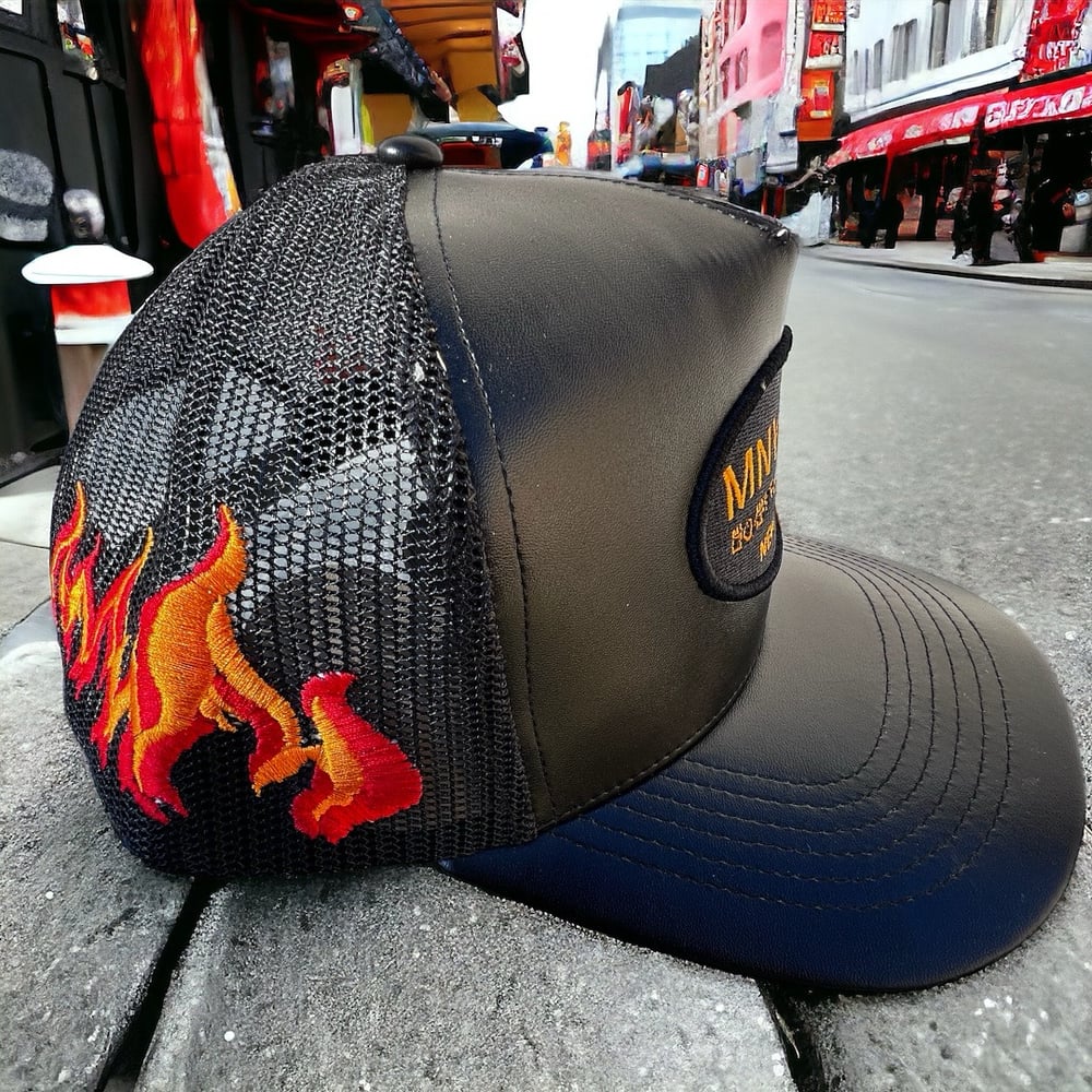 MNY PKT LEATHER  TRUCKER HAT// ORANGE FLAME