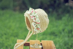 Image of Dark Cream Girls Bonnet with Pink Floral Ruffles