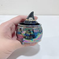 Image 5 of Glow in dark gray tabby cat in witch brew cauldron ceramic keepsake (rainbow effect)