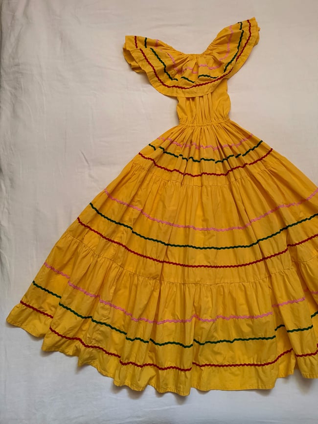 1960s marigold cotton fiesta bohemian dress off shoulder 