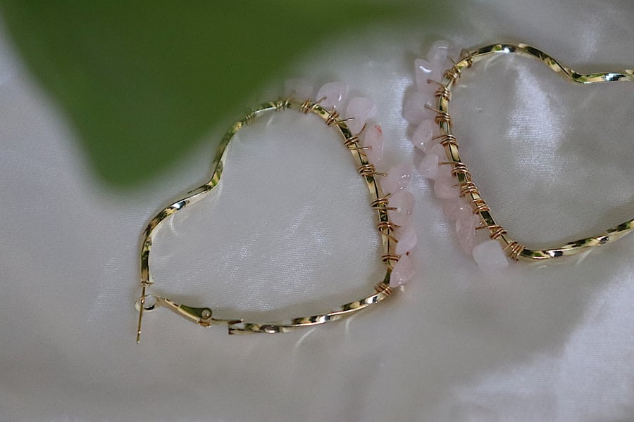 Image of Heart Rose Quartz Hoops 