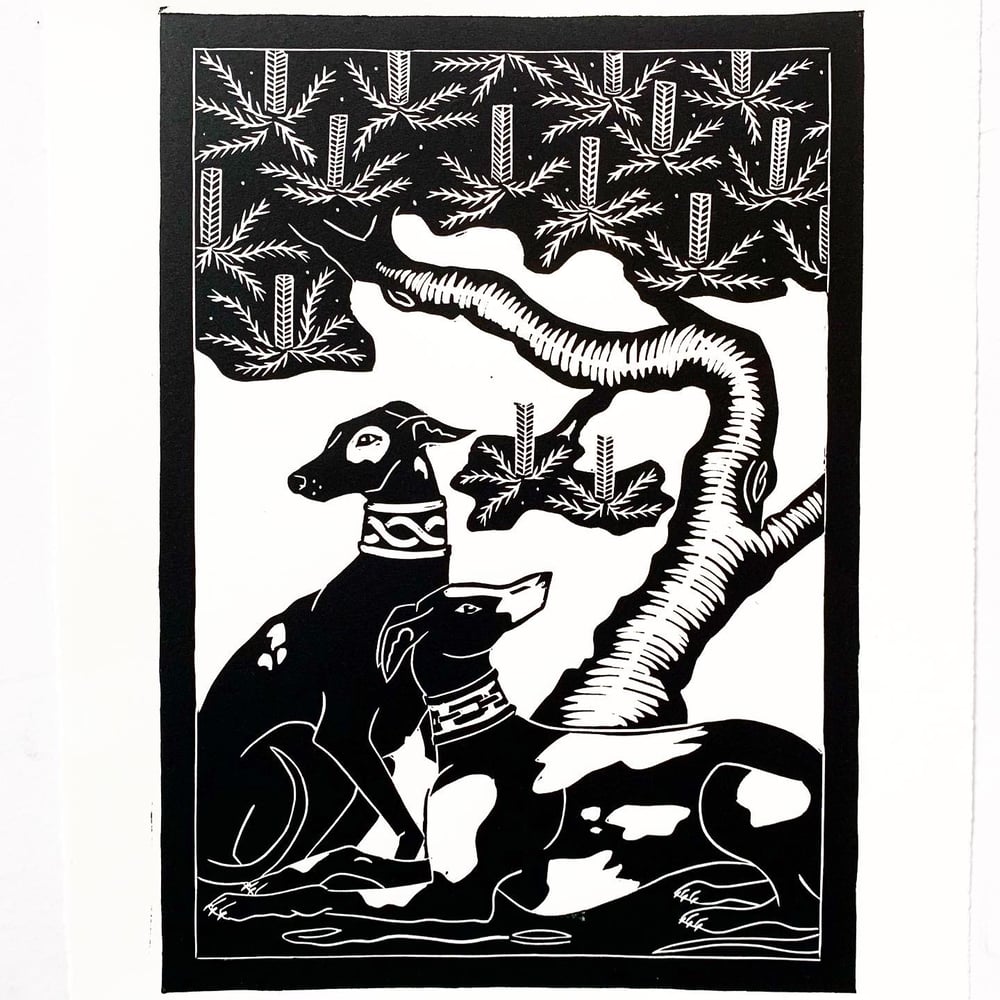 Image of Two Greyhounds under a Banksia 