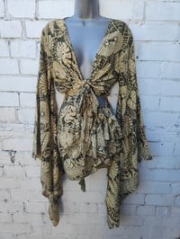 Image 2 of Pefkos co ord sarong set Black/very dark greenish  and cream wth tassles 