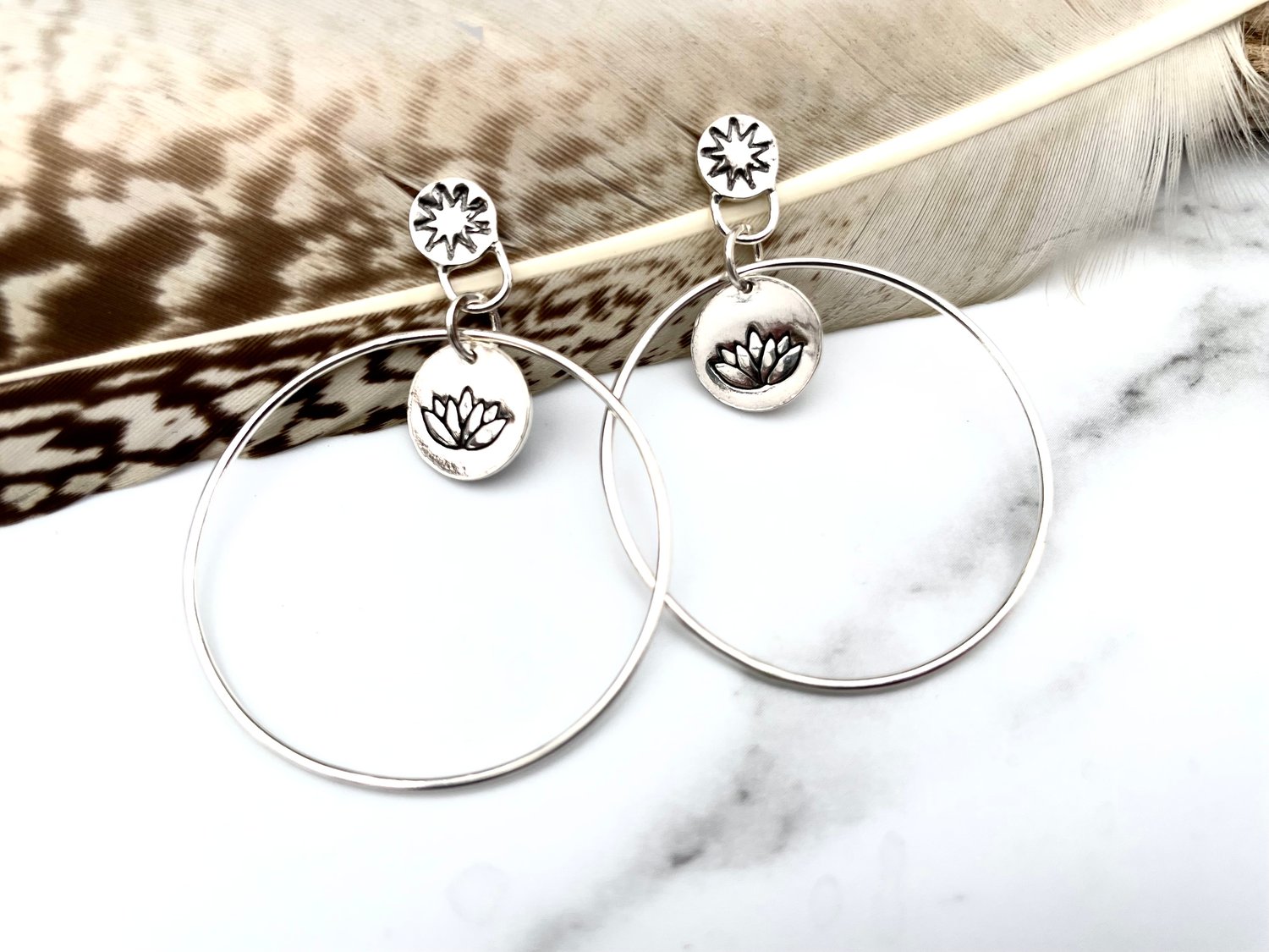 Image of Handmade Sterling Silver Lotus Flower Hoop Earrings 