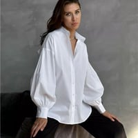 Image 1 of Oversized White Lantern Sleeve Shirt for Women – Casual Streetwear Blouse with Stand Collar
