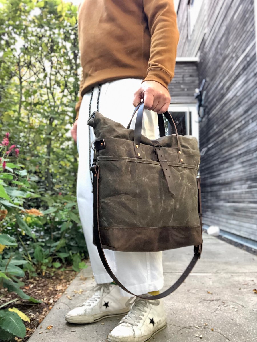 Image of Waxed canvas roll top tote bag / office bag with luggage handle attachment leather handles and shoul