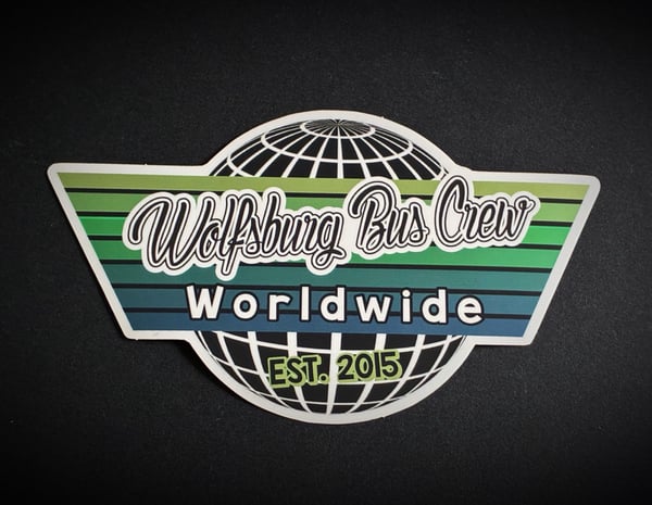 Image of Wolfsburg Bus Crew Worldwide Solid Black & White with Turquoise & Blue Gradient Mirrored Sticker