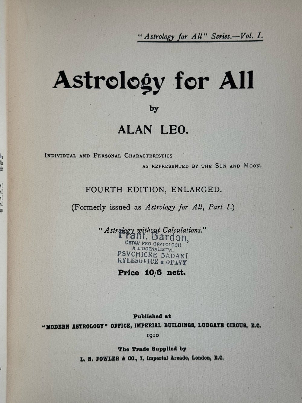 Image of Original Book from Library of Franz Bardon - Allan Leo: Astrology for All