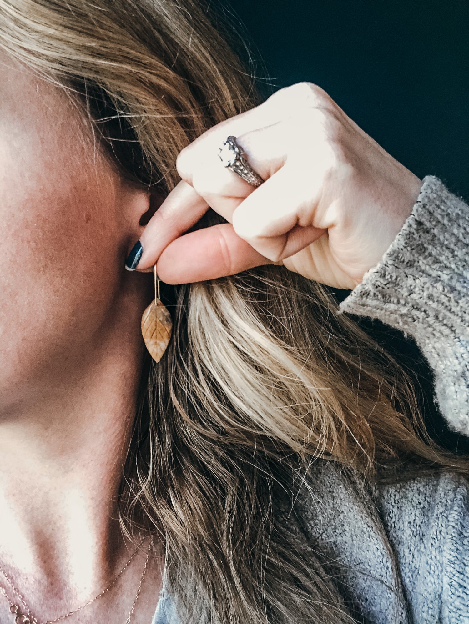 Image of Carved Orange Amazonite Leaf Dangles on Gold Fill