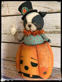 Bull Dog Halloween doll container ghost Folk Art Pumpkin Jack o lantern