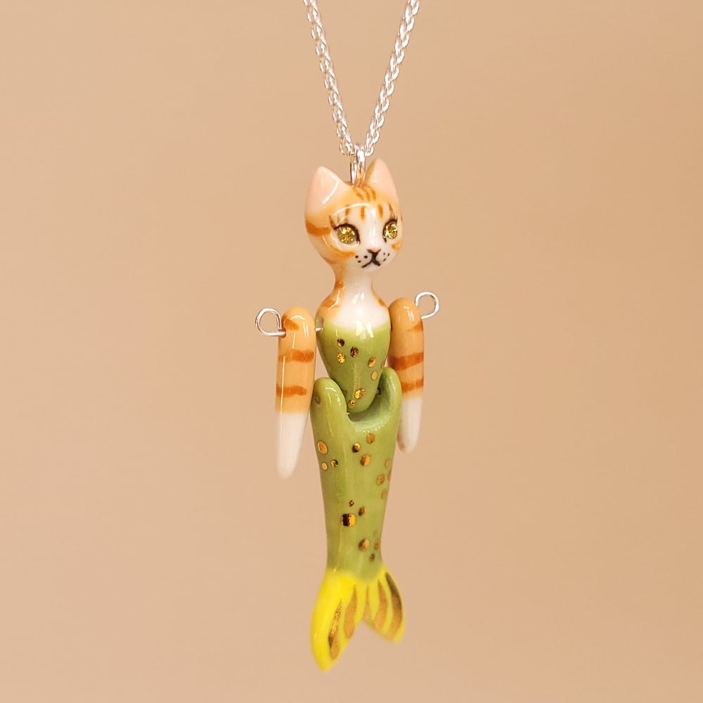 Image of Ginger Tabby Porcelain & Sterling Silver Articulated Purrmaid Pendant