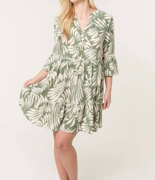 Image of KHAKI LEAF PRINT OPEN COLLAR SMOCK DRESS