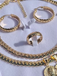 Image 4 of 18k Gold Plated/Stainless Steel Cuban Necklace Chain Set, Heart Pendant Lady of Guadalupe & Cross