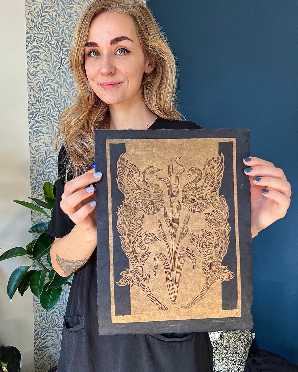 Swans Lino print Gold Black