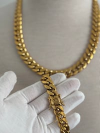 Image 2 of 18k Gold Plated Cuban Link Chain Bracelet Set, Stainless Steel 14mm