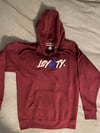 Burgundy hoodie blue logo