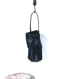 Image 2 of Midnight Black Leather Fringed Skinny Top Handle Mini Bucket