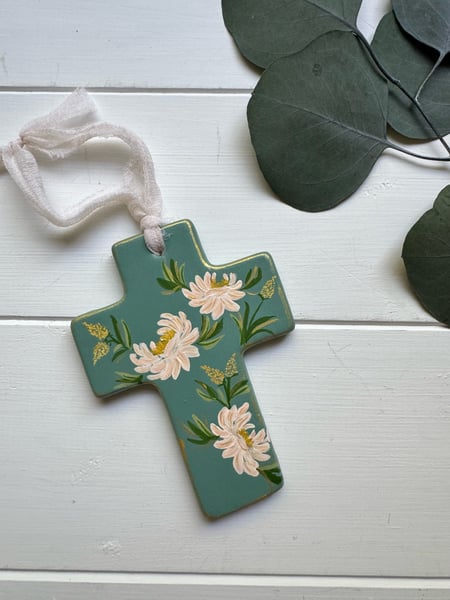 Image of Ceramic Cross Ornament - Soft Pink Floral