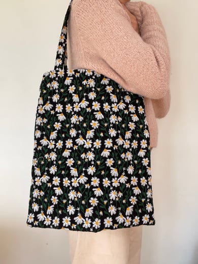 Daisy Embroidered Black Linen Tote Bag