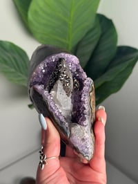 Image 12 of AMETHYST ON A CUSTOM STAND WITH A PERFECT SUGAR COATED CALCITE POINT -URUGUAY-