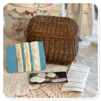 Image 9 of vintage french sewing basket with lace buttons and fabric samples