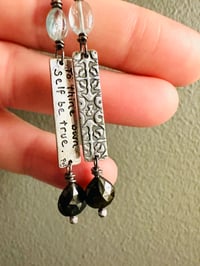 Image 5 of Shakespeare quote charm earrings with topaz and tourmaline