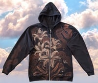 Image 1 of “LILIES” CUSTOM BLEACH PAINTED ZIP UP HOODIE XL