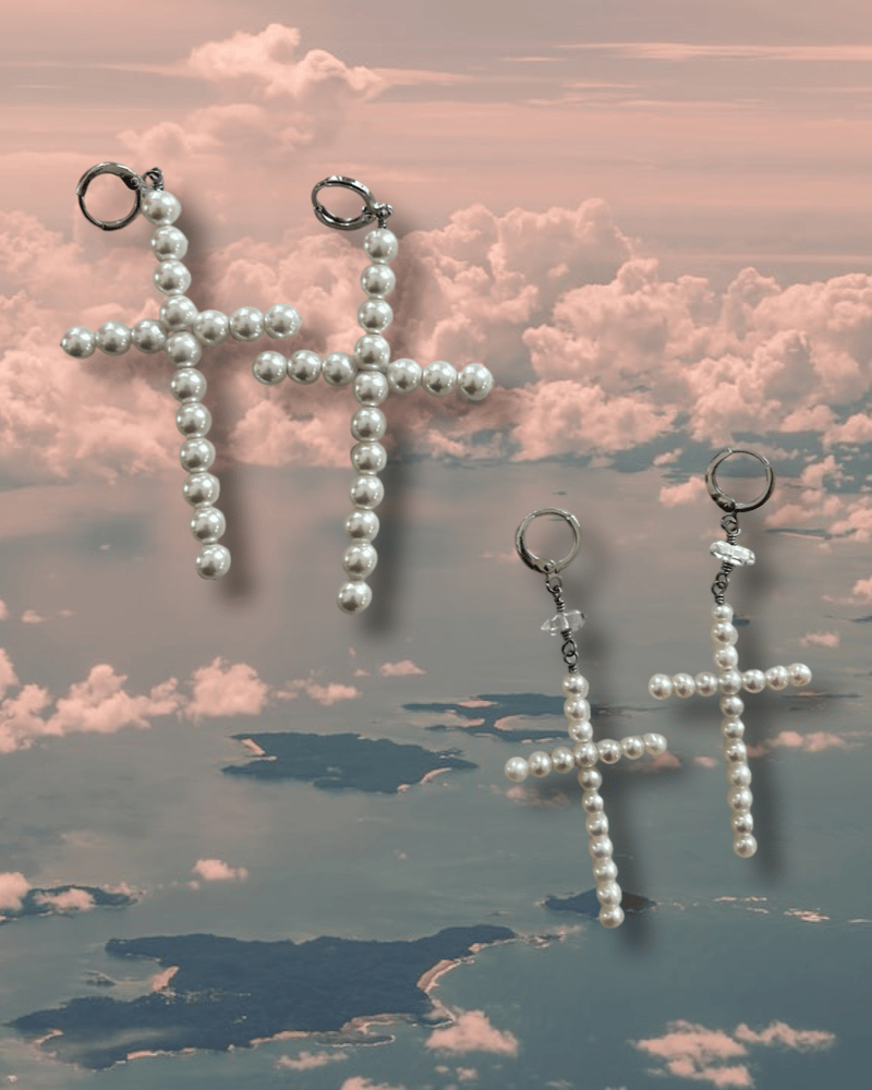 Image of -;- pearl crucifix earrings -;-