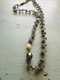 Image 3 of wire wrapped labradorite opal and Tahitian pearl necklace