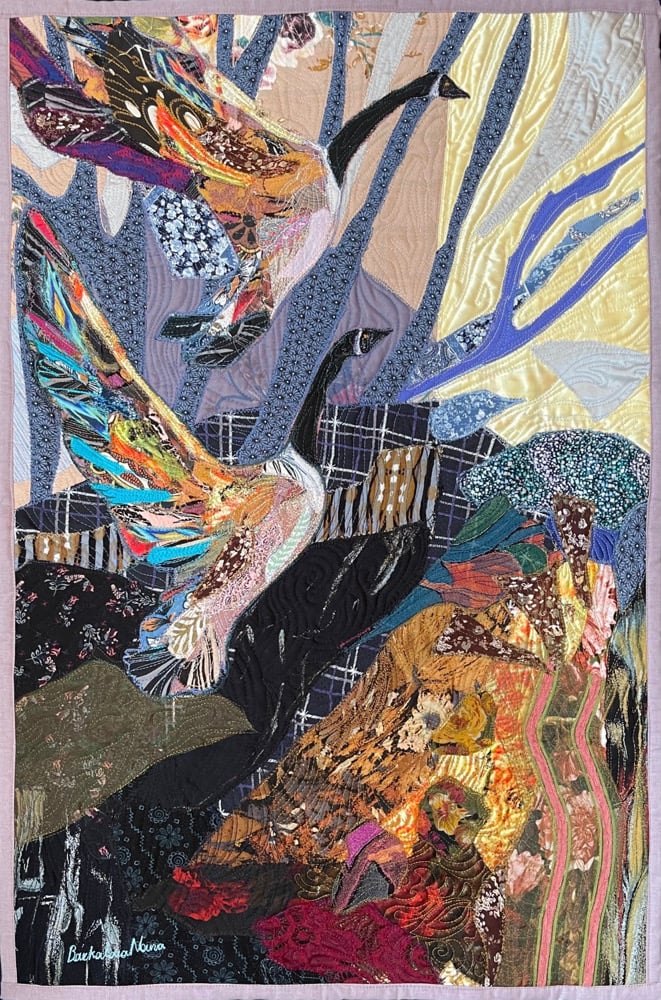 "Let's fly on" - 73x48 cm, art quilt with birds Image 3