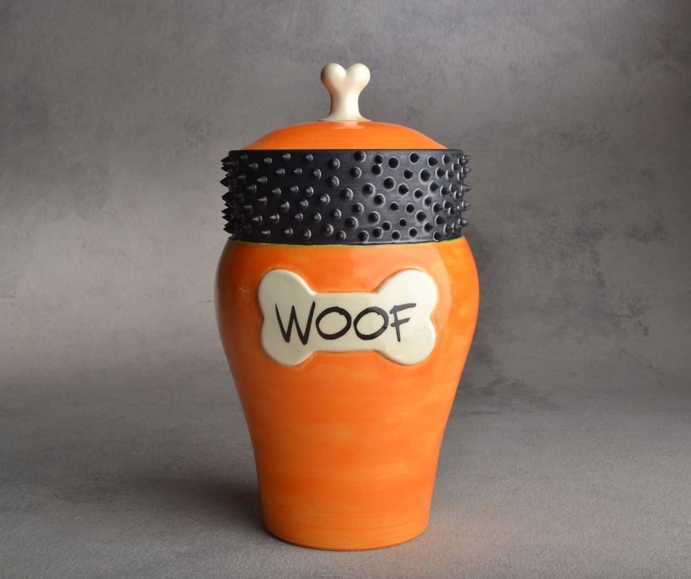 Image of Dog Treat Jar Orange Spiky Collared "Woof"