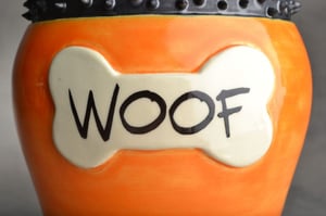 Image of Dog Treat Jar Orange Spiky Collared "Woof"
