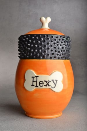 Image of Dog Treat Jar Orange Spiky Collared "Hexy"  