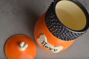 Image of Dog Treat Jar Orange Spiky Collared "Hexy"  