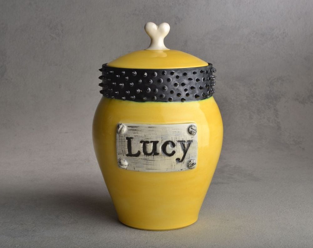 Image of Dog Treat Jar Yellow and Black Spiky Collared