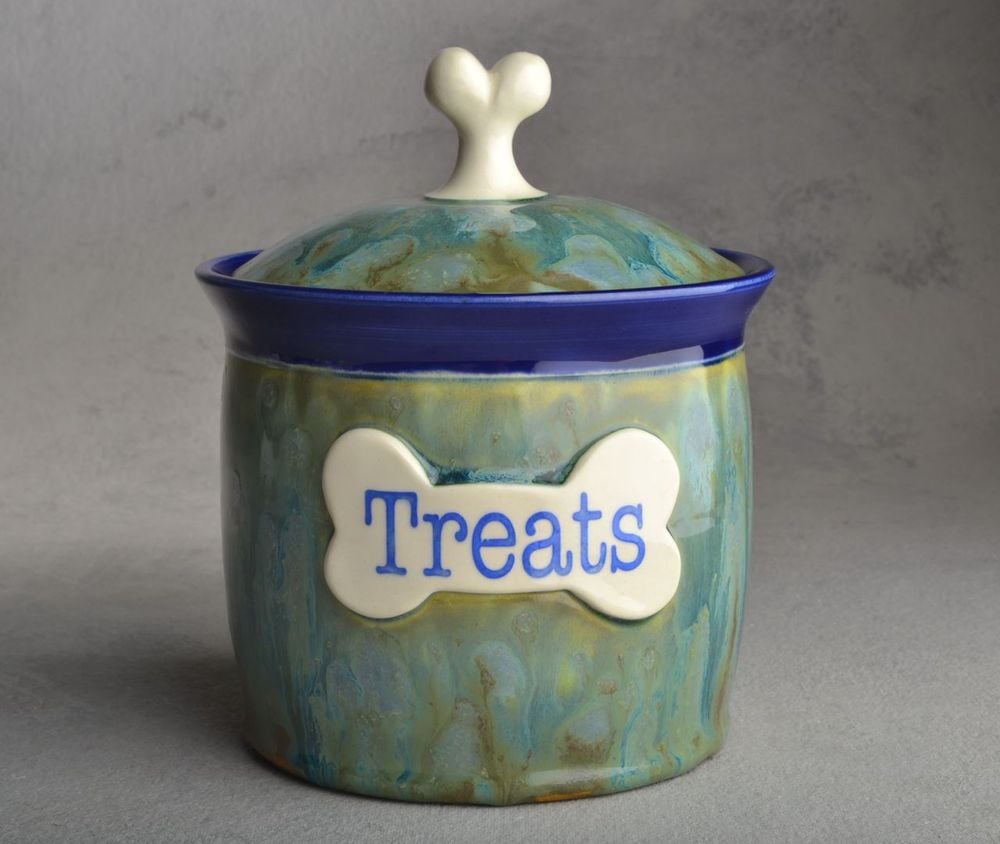 Dog Treat Jar Green Blue Drippy "Muffin" Symmetrical Pottery