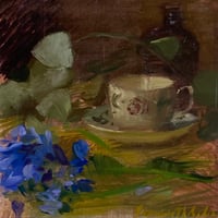 Image 1 of Teacup and Delphinium: Original fine art oil painting by Sarah Griffin Thibodeaux